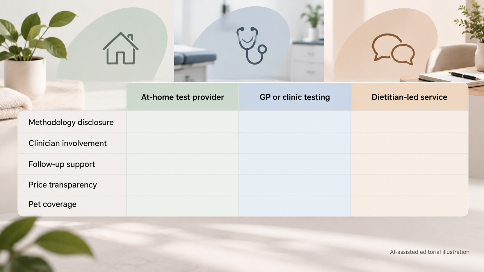 Give readers a criteria-based side-by-side for weighing Medicross against other at-home test providers, GP or clinic testing and dietitian-led services