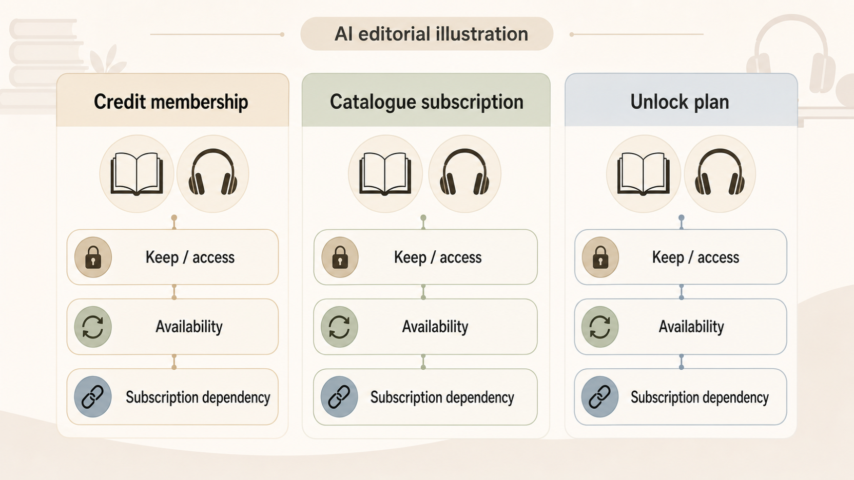 Editorial illustration for Audiobook Membership Ownership Versus Access: Credits, Catalogues, Borrowing, and Cancellation